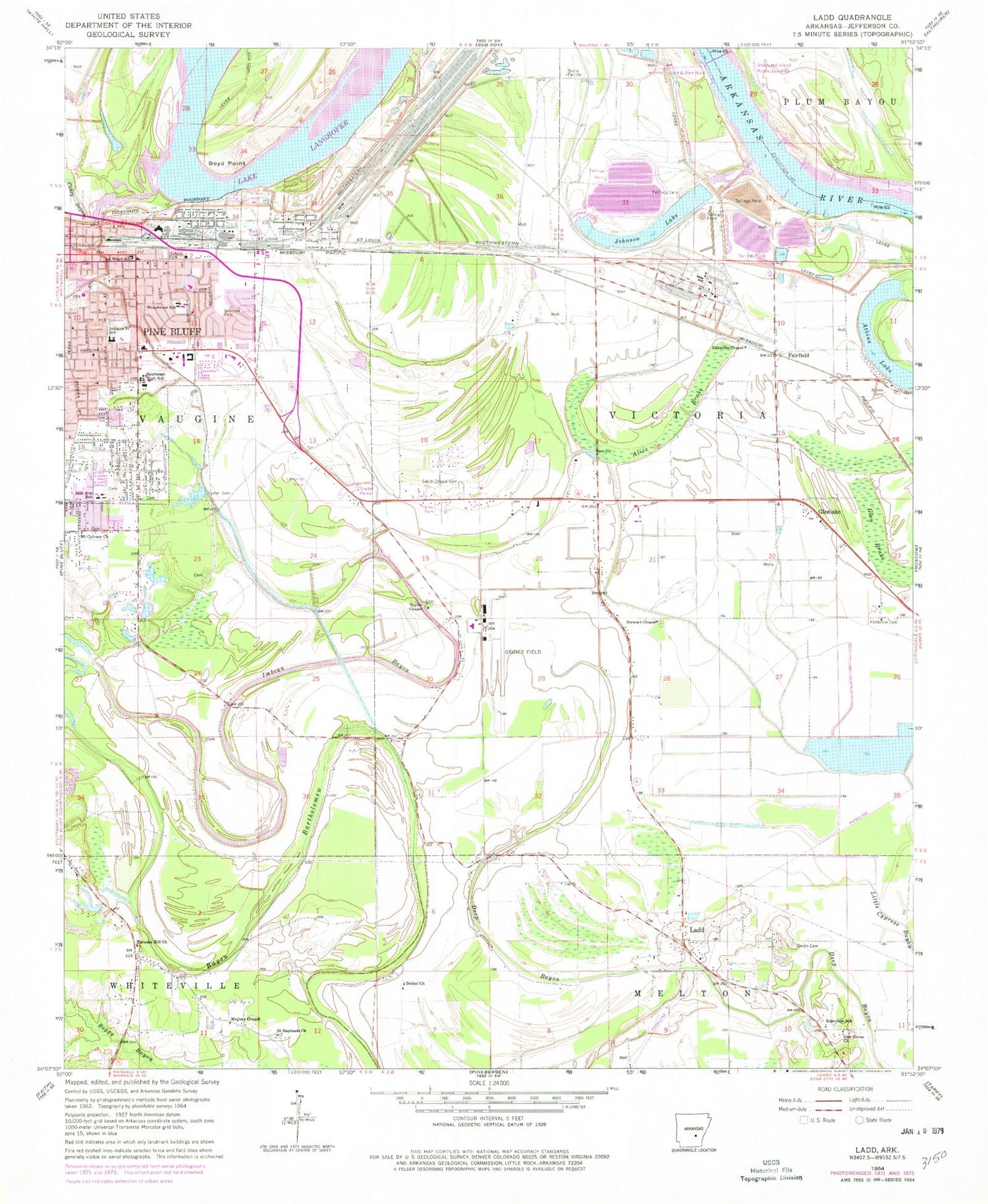 Classic USGS Ladd Arkansas 7.5'x7.5' Topo Map Image