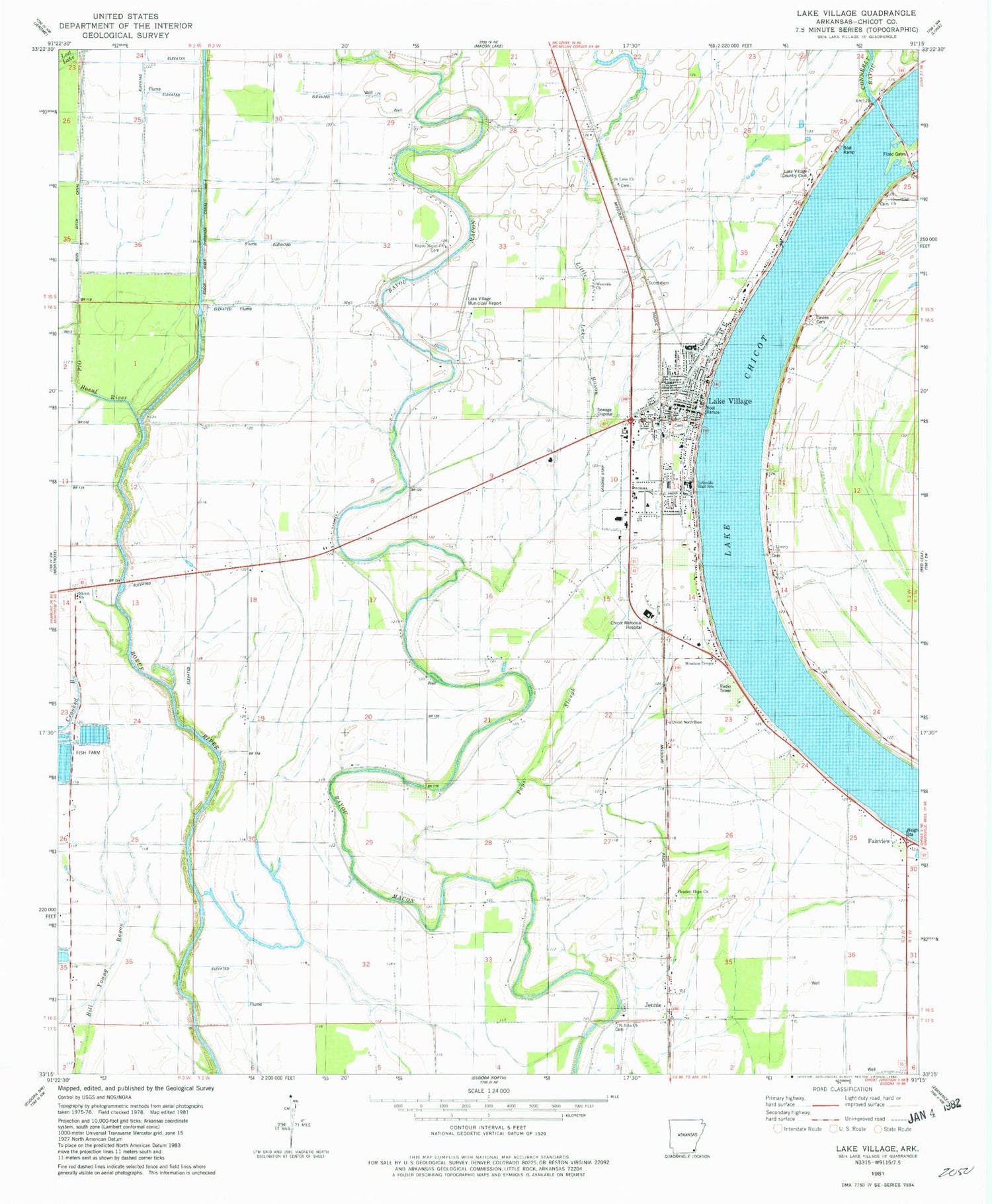 Classic USGS Lake Village Arkansas 7.5'x7.5' Topo Map Image