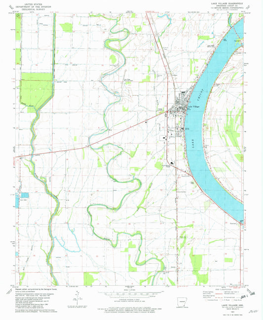 Classic USGS Lake Village Arkansas 7.5'x7.5' Topo Map Image