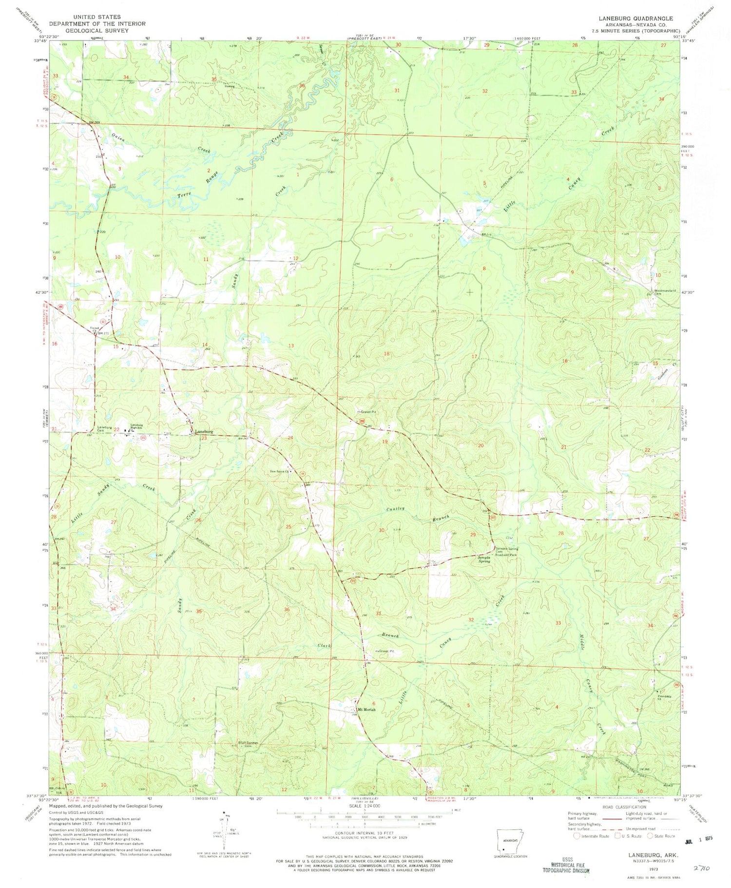 Classic USGS Laneburg Arkansas 7.5'x7.5' Topo Map Image