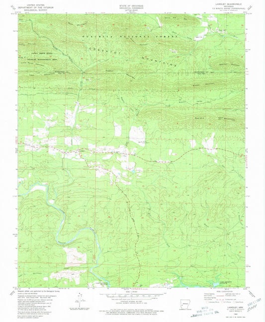 Classic USGS Langley Arkansas 7.5'x7.5' Topo Map Image