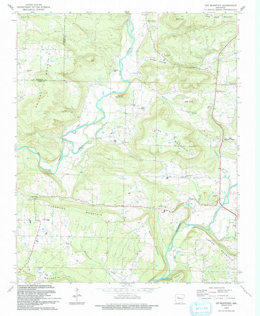 Classic USGS Lee Mountain Arkansas 7.5'x7.5' Topo Map Image