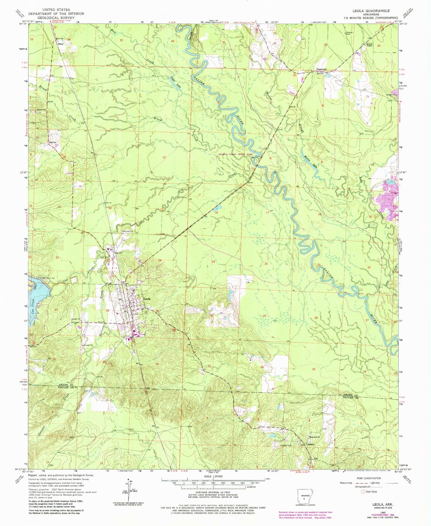 Classic USGS Leola Arkansas 7.5'x7.5' Topo Map Image