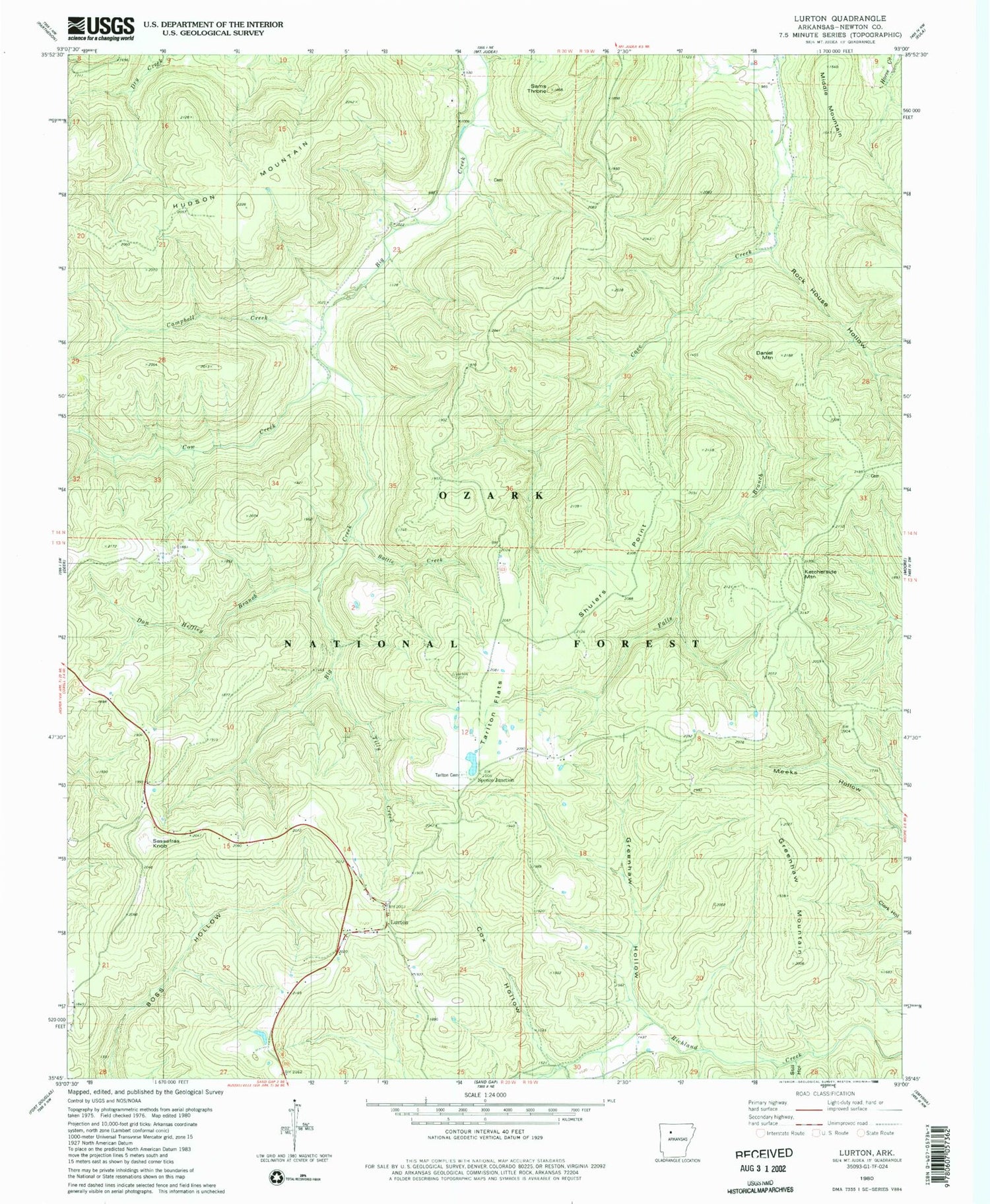 Classic USGS Lurton Arkansas 7.5'x7.5' Topo Map Image