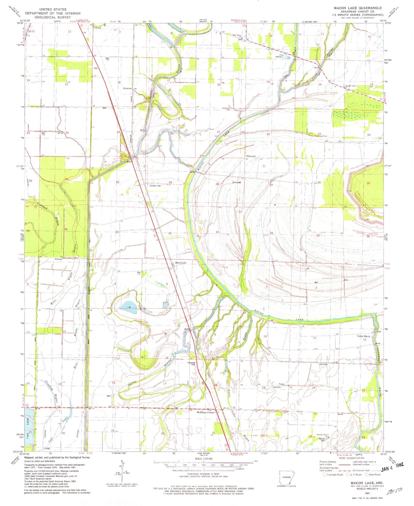 Classic USGS Macon Lake Arkansas 7.5'x7.5' Topo Map Image