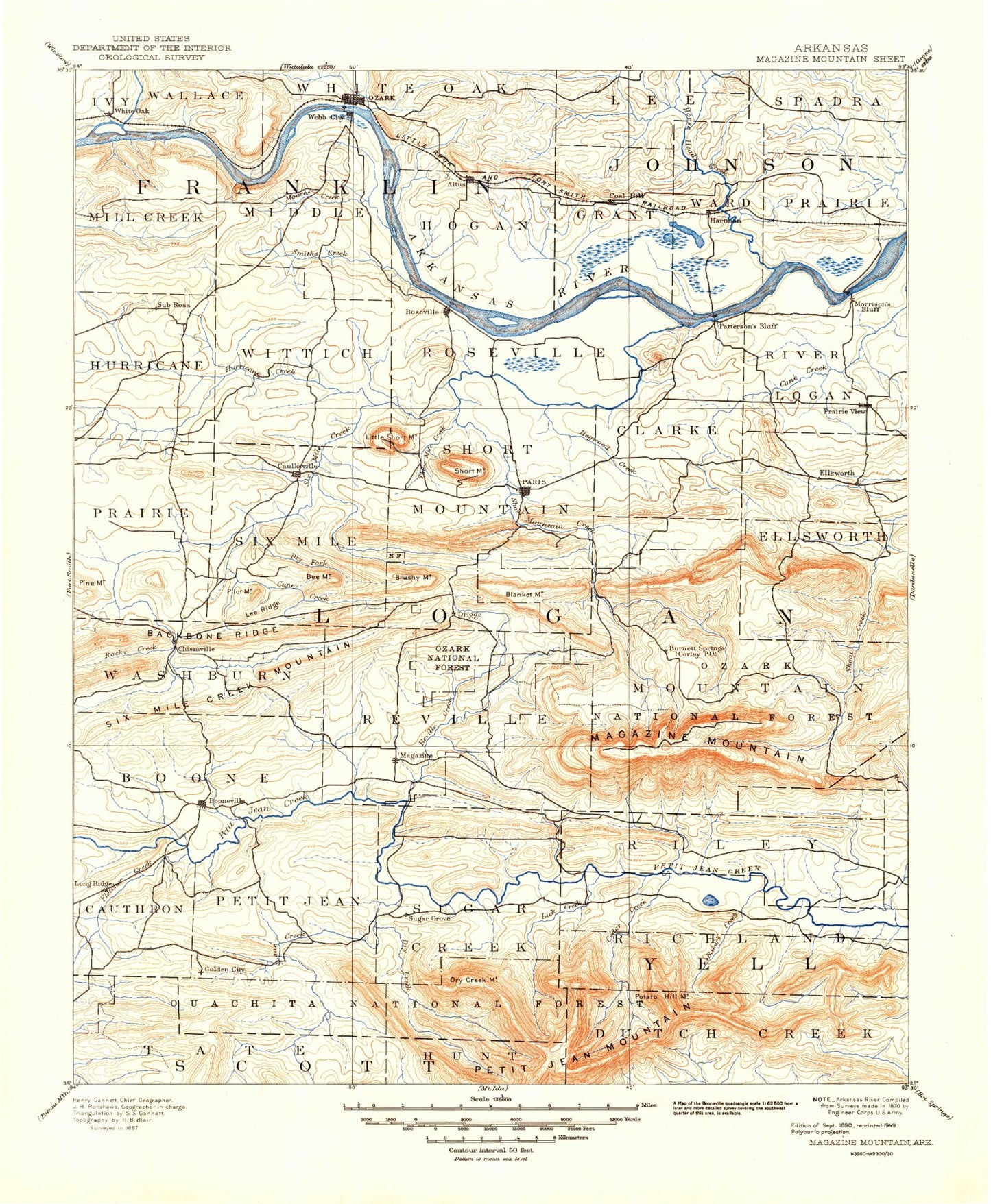 Historic 1890 Magazine Mountain Arkansas 30'x30' Topo Map Image