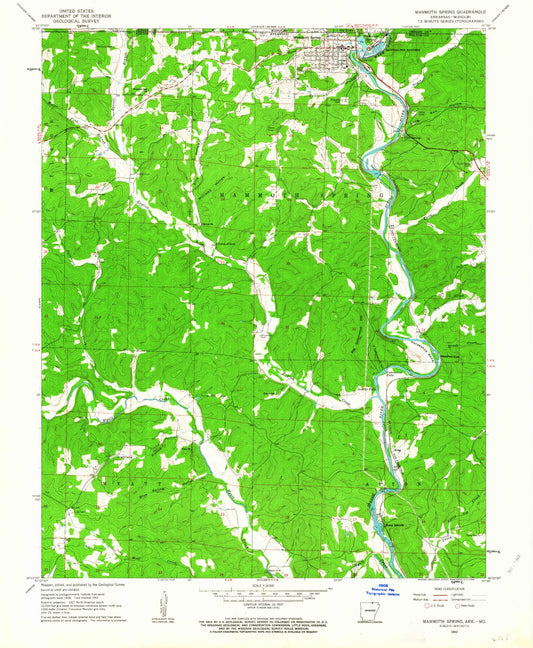 Classic USGS Mammoth Spring Arkansas 7.5'x7.5' Topo Map Image
