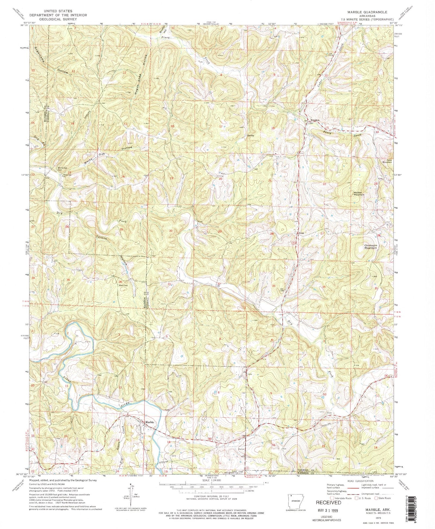 Classic USGS Marble Arkansas 7.5'x7.5' Topo Map Image