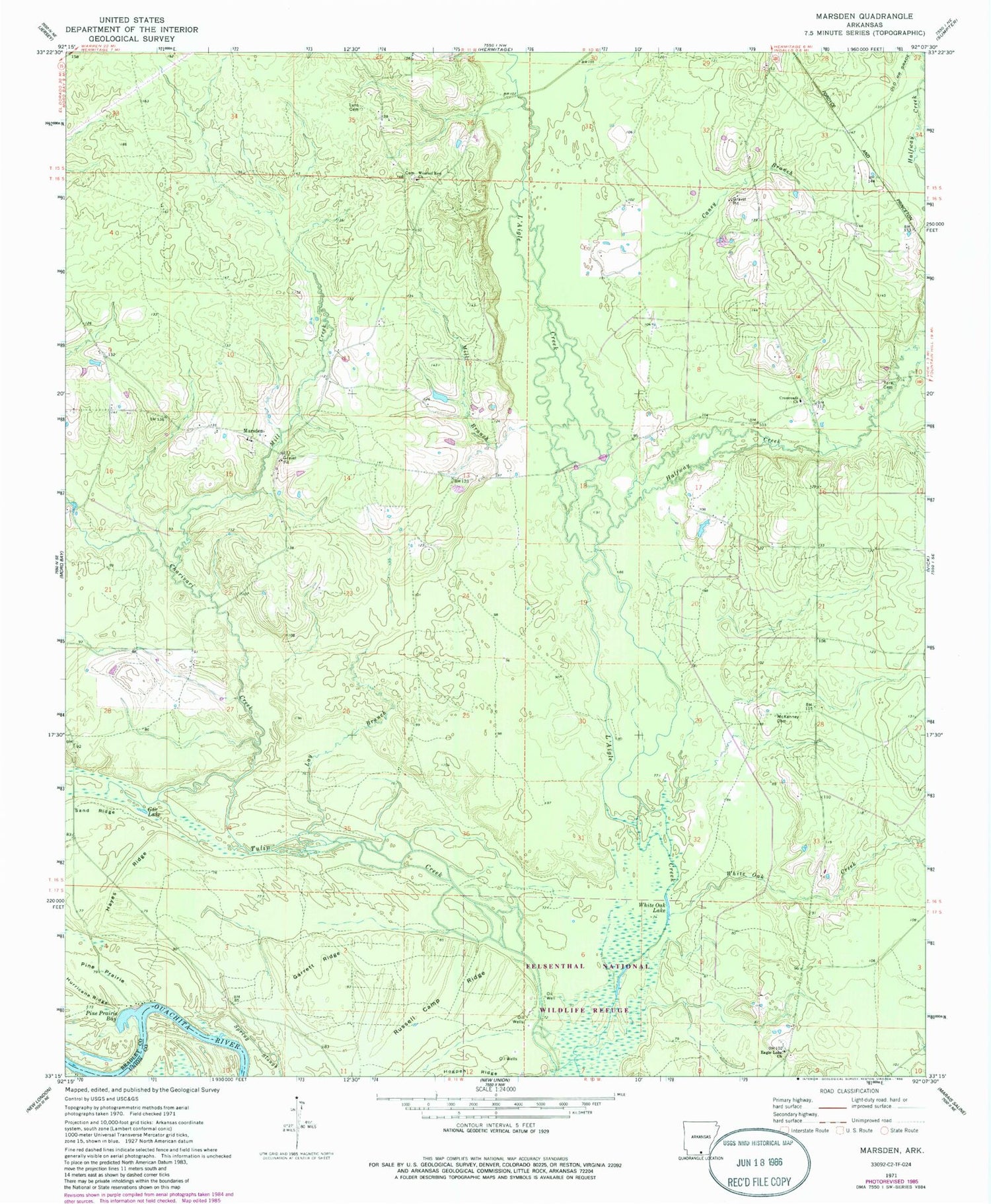 Classic USGS Marsden Arkansas 7.5'x7.5' Topo Map Image