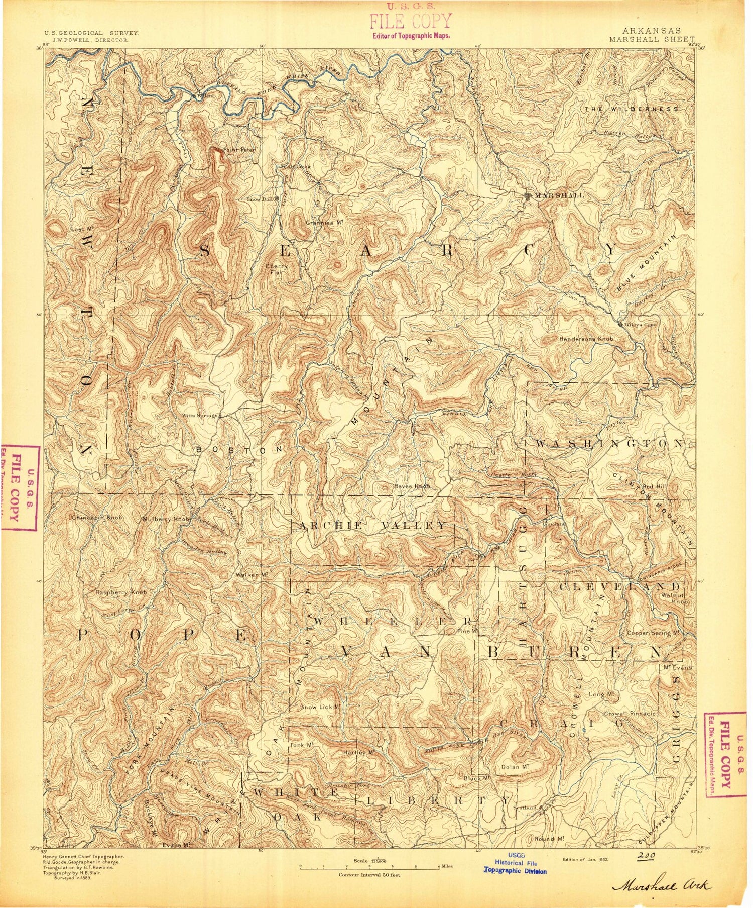 Historic 1892 Marshall Arkansas 30'x30' Topo Map Image