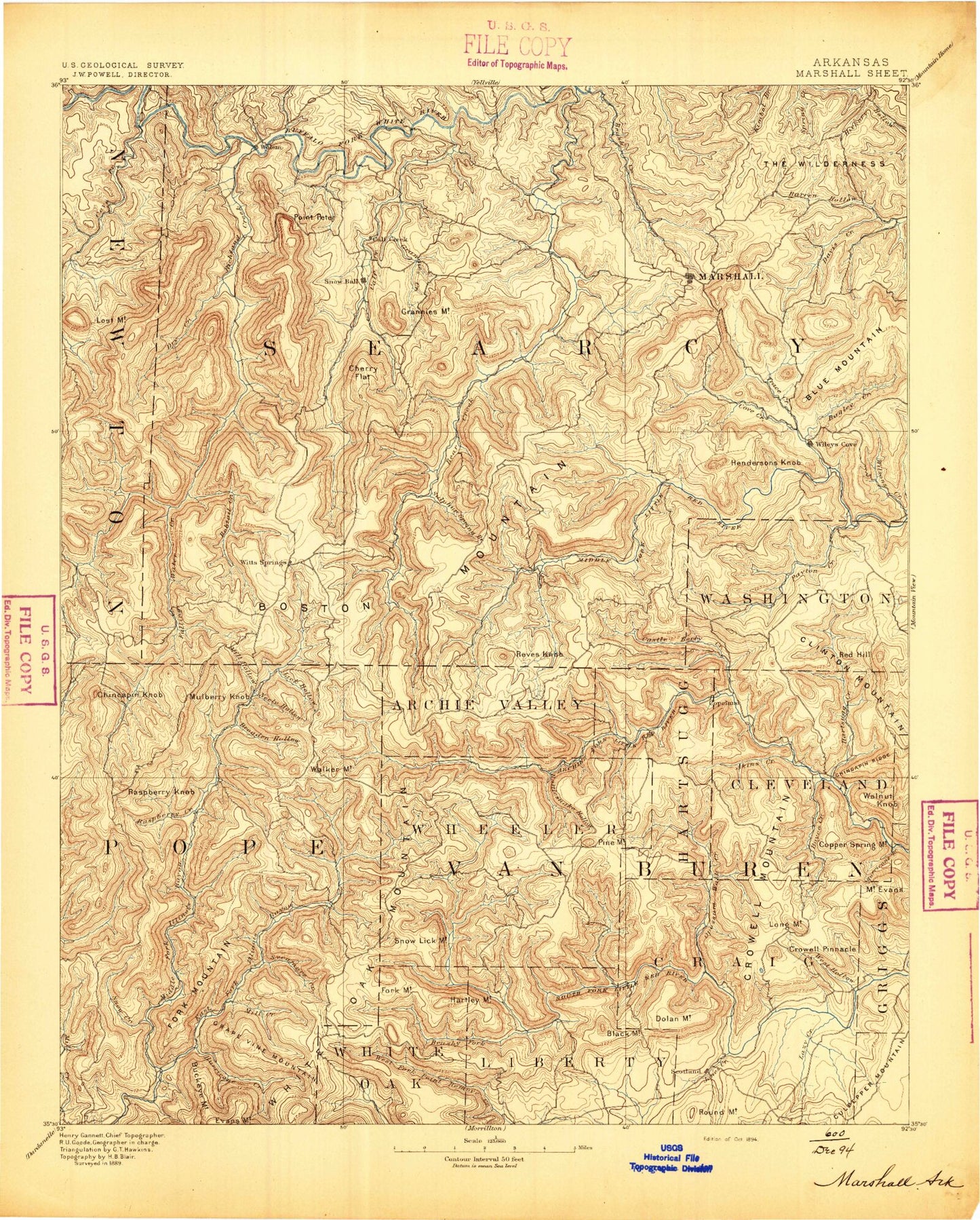 Historic 1894 Marshall Arkansas 30'x30' Topo Map Image