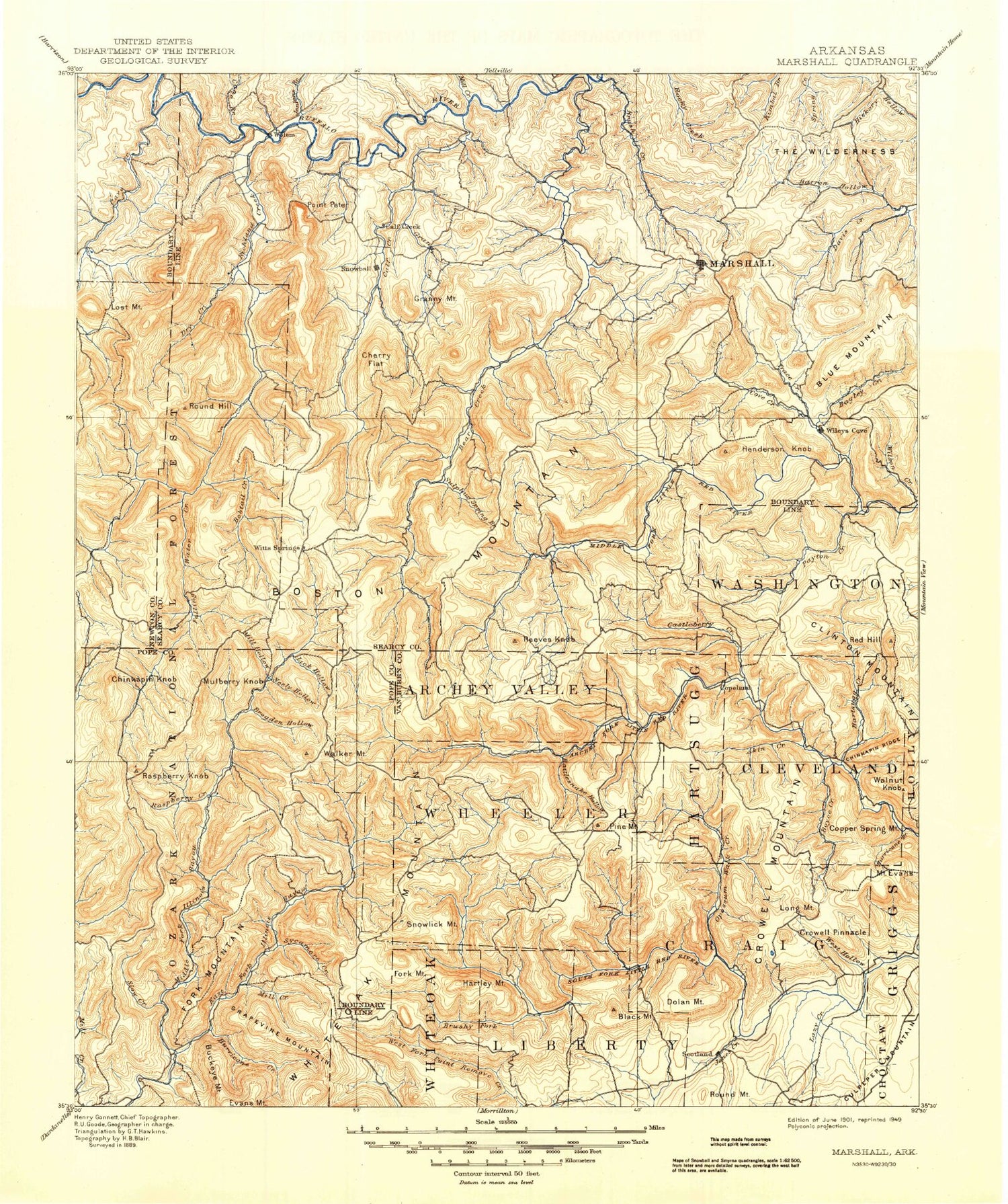 Historic 1901 Marshall Arkansas 30'x30' Topo Map Image