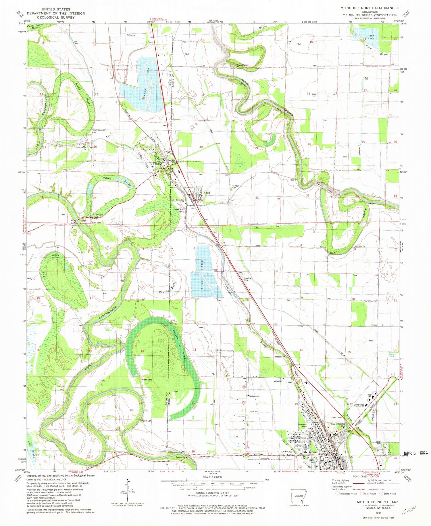 Classic USGS McGehee North Arkansas 7.5'x7.5' Topo Map Image
