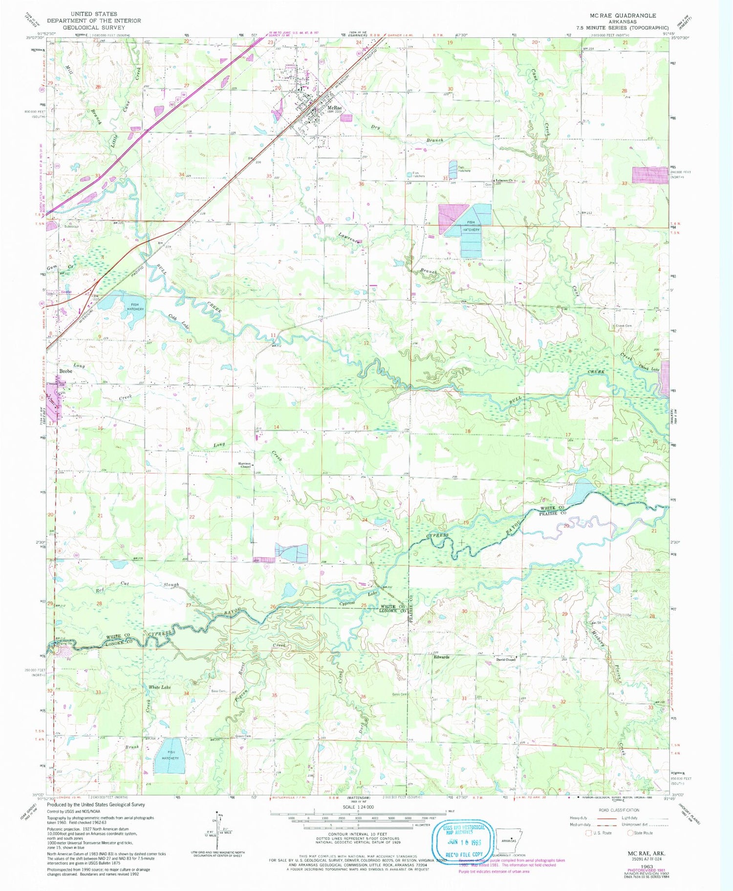 Classic USGS McRae Arkansas 7.5'x7.5' Topo Map Image