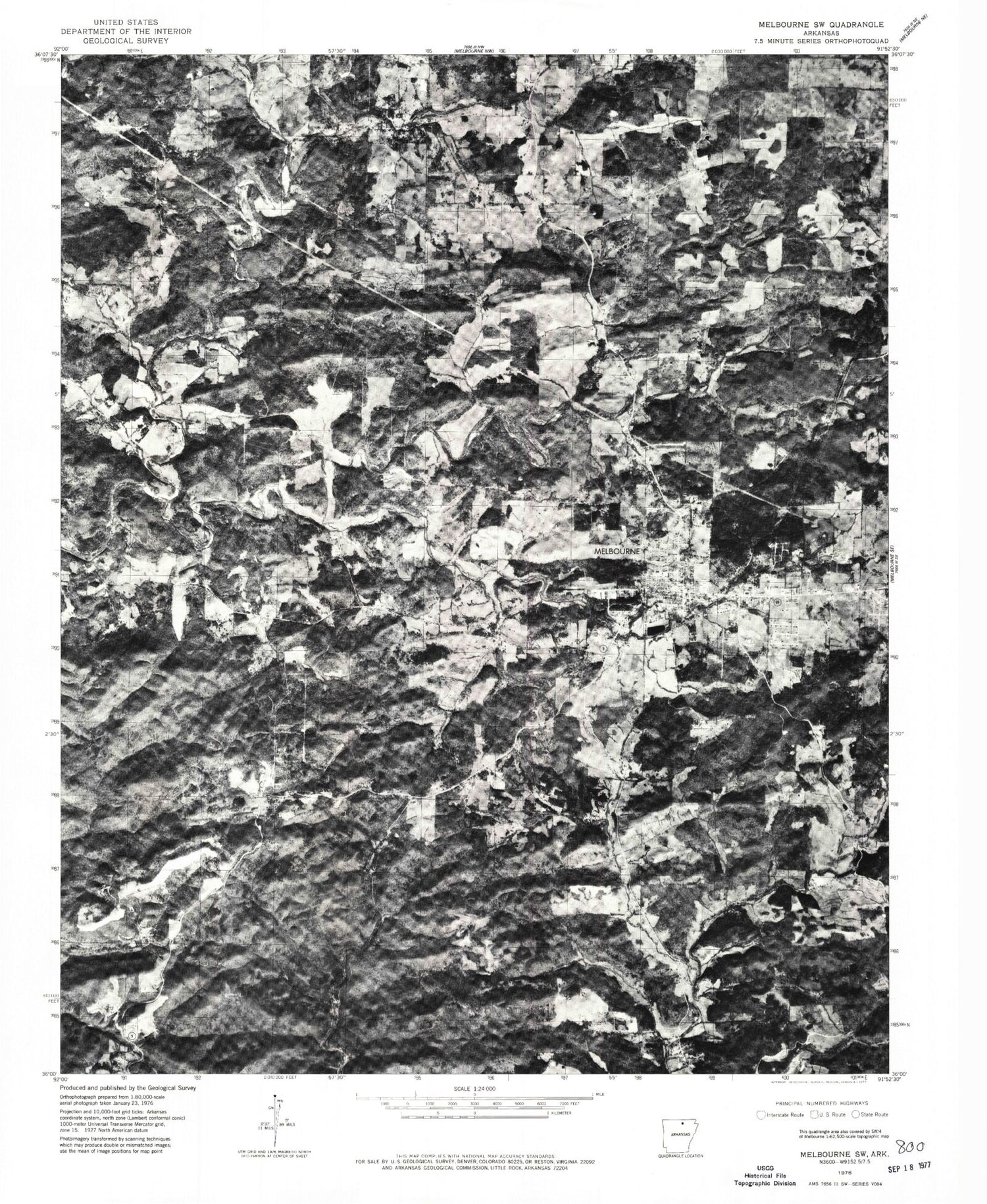 Classic USGS Melbourne Arkansas 7.5'x7.5' Topo Map Image