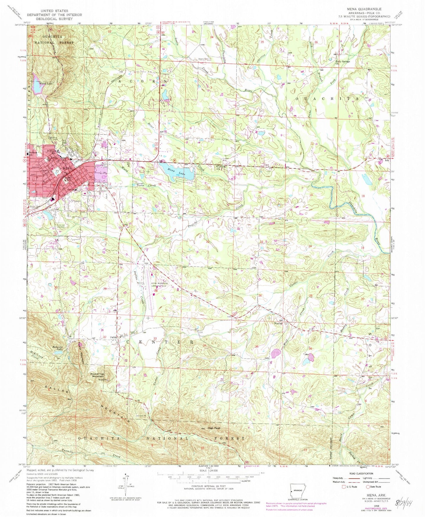Classic USGS Mena Arkansas 7.5'x7.5' Topo Map Image