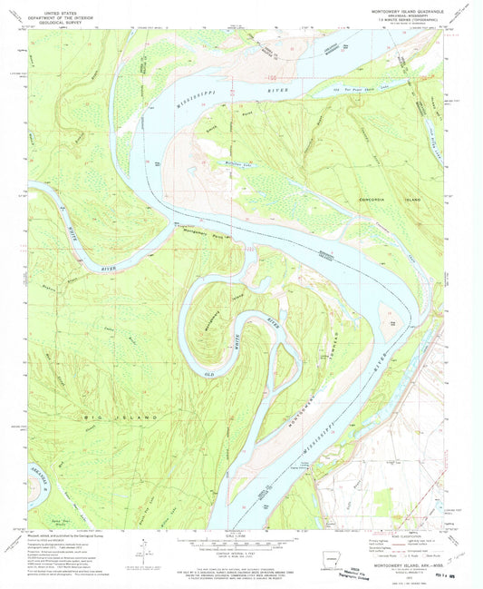 Classic USGS Montgomery Island Arkansas 7.5'x7.5' Topo Map Image
