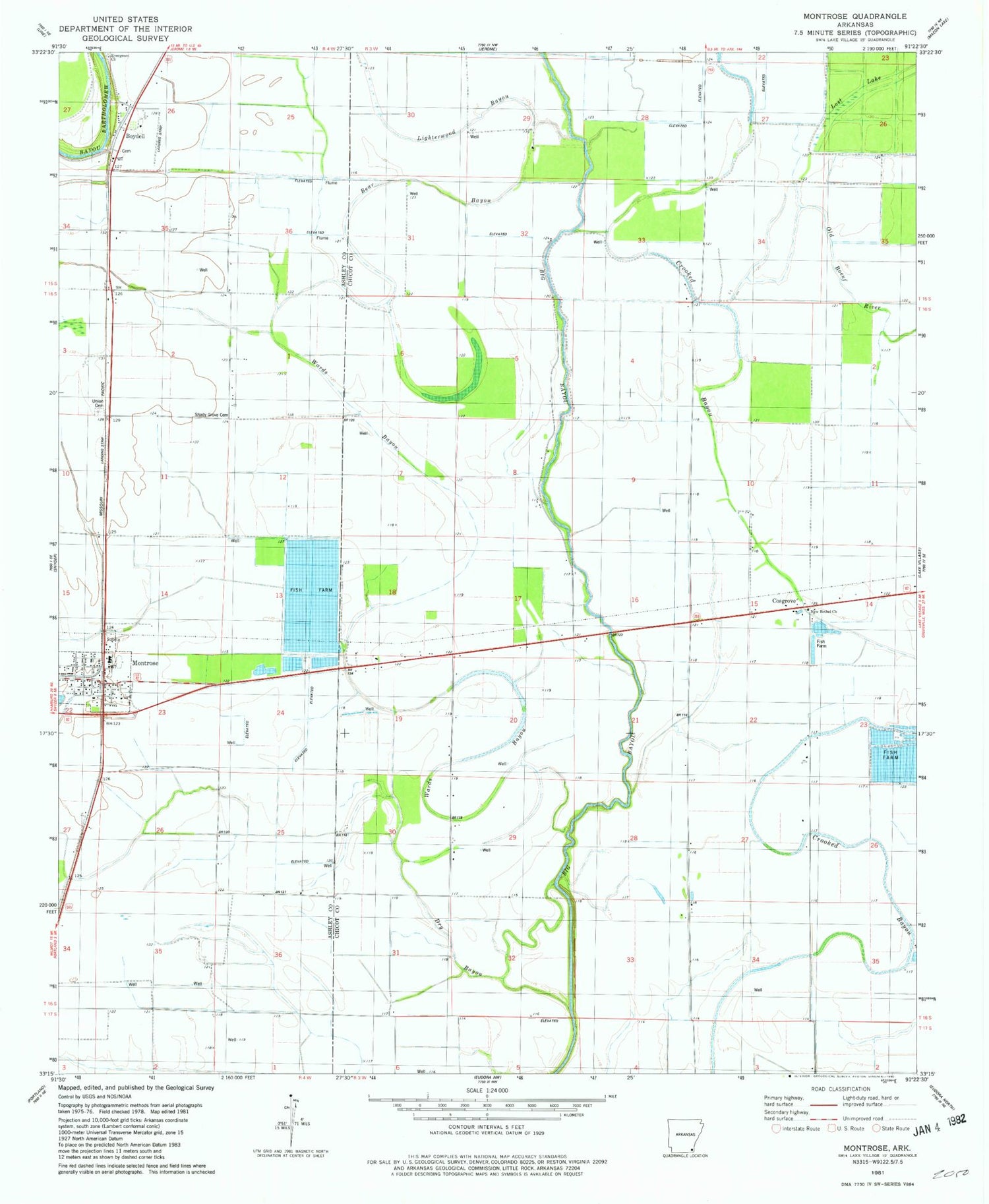 Classic USGS Montrose Arkansas 7.5'x7.5' Topo Map Image