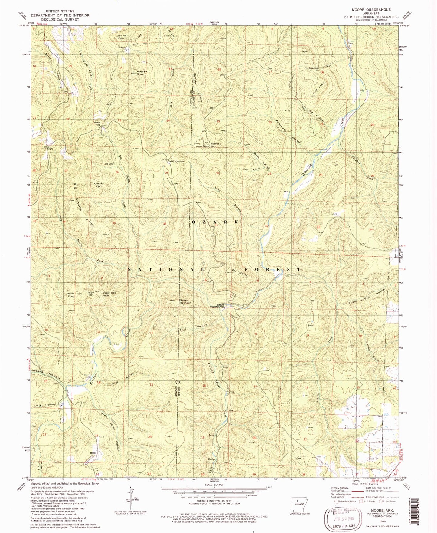 Classic USGS Moore Arkansas 7.5'x7.5' Topo Map Image
