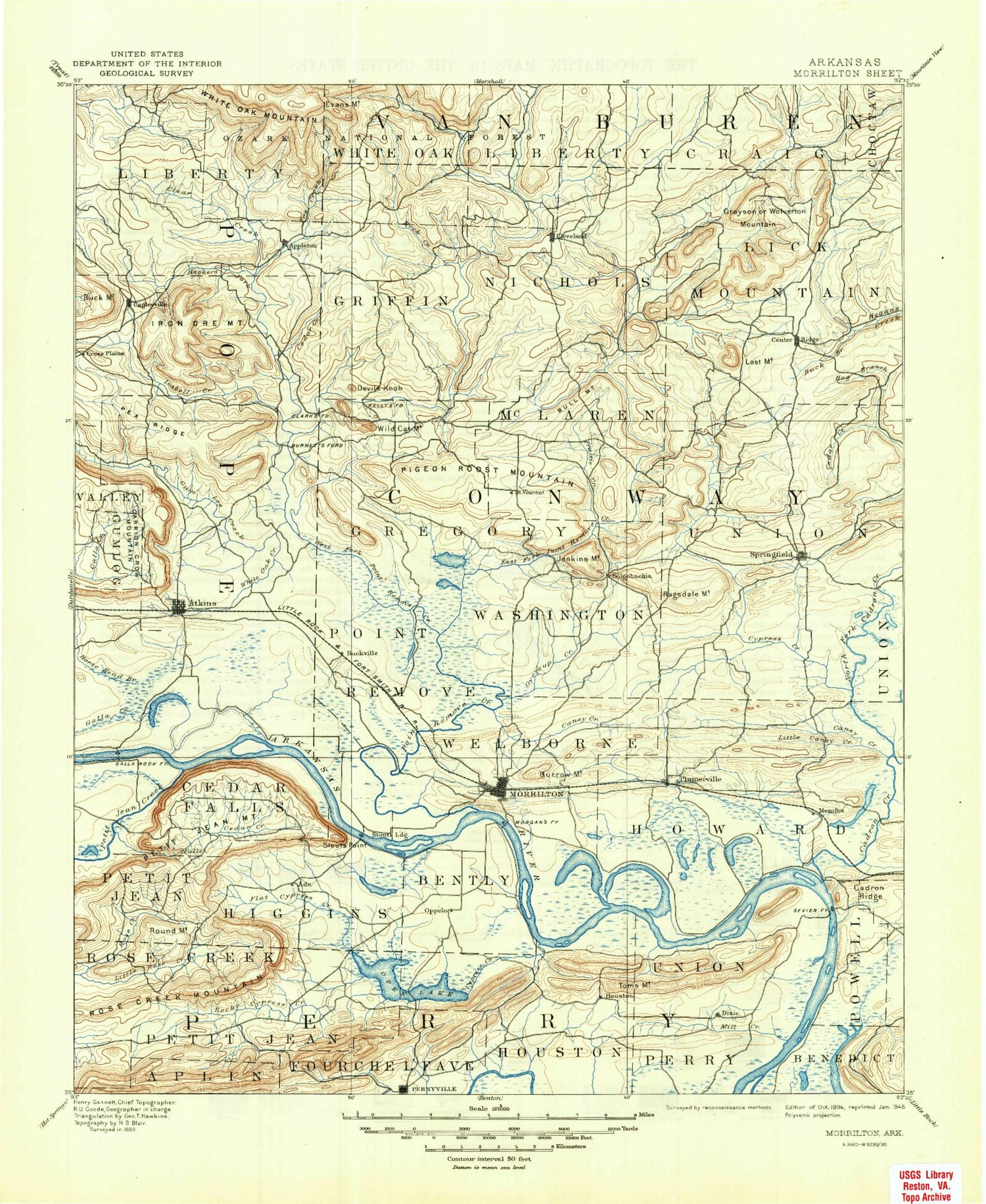 Historic 1894 Morrilton Arkansas 30'x30' Topo Map Image