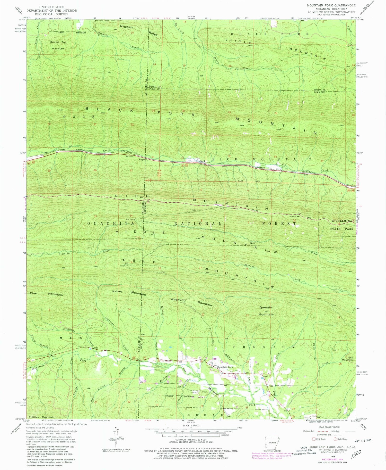 Classic USGS Mountain Fork Arkansas 7.5'x7.5' Topo Map Image