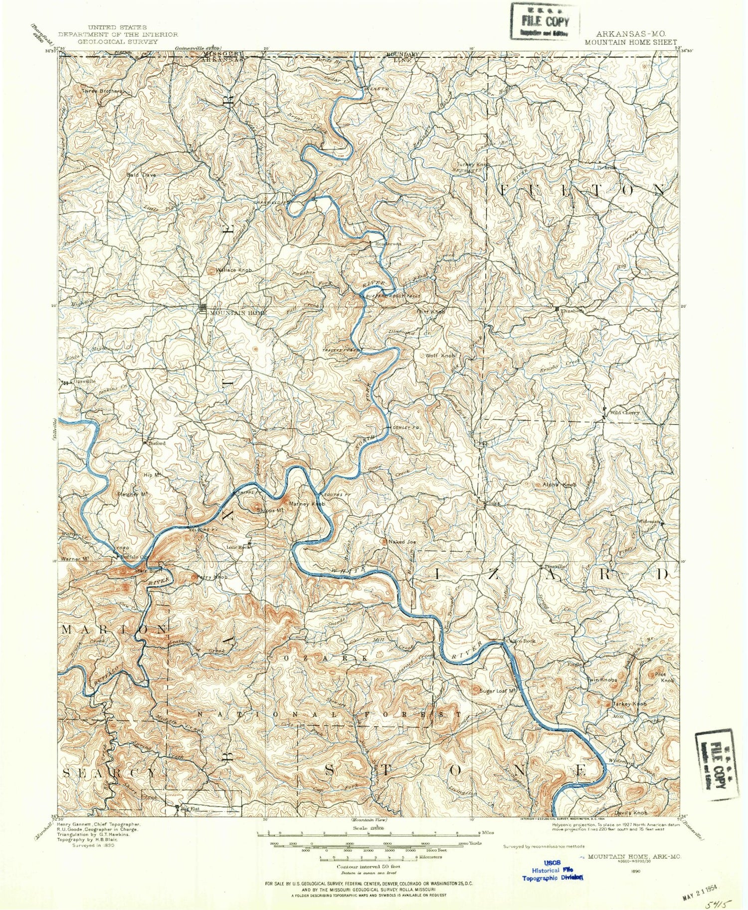 Historic 1890 Mountain Home Arkansas 30'x30' Topo Map Image