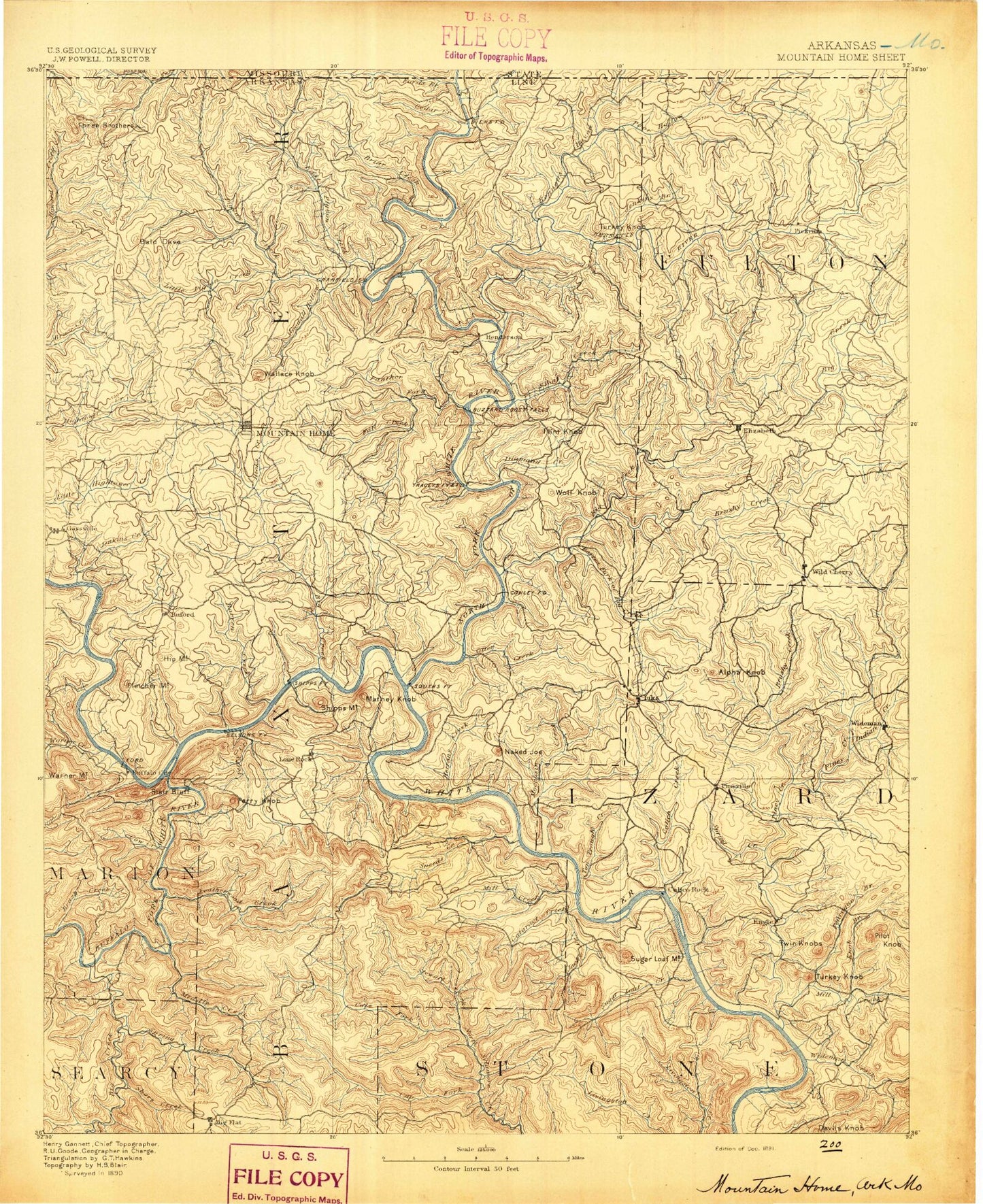 Historic 1891 Mountain Home Arkansas 30'x30' Topo Map Image
