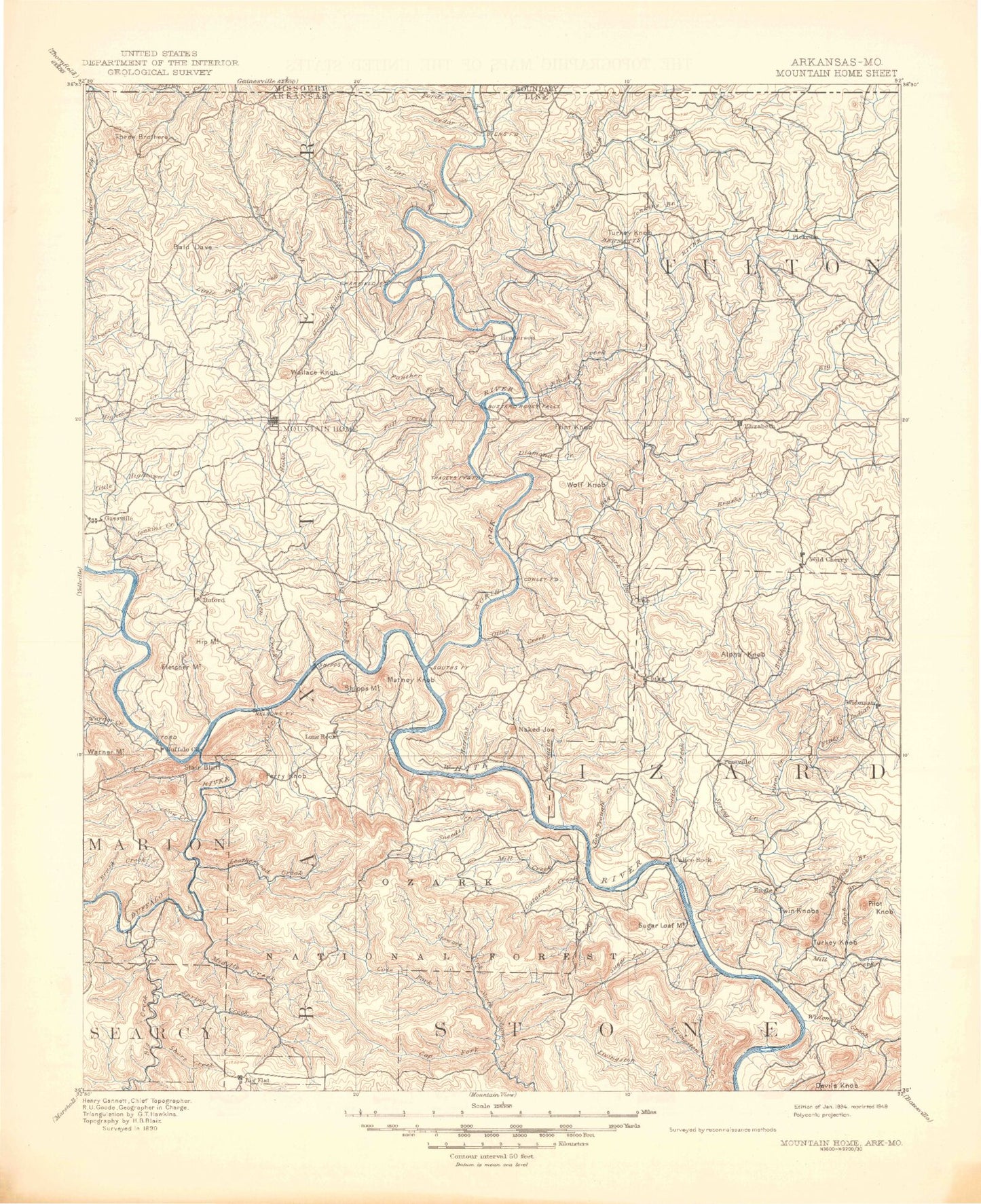 Historic 1894 Mountain Home Arkansas 30'x30' Topo Map Image