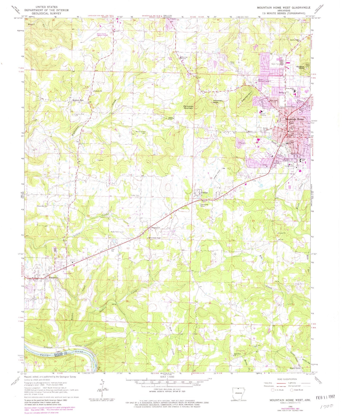 Classic USGS Mountain Home West Arkansas 7.5'x7.5' Topo Map Image