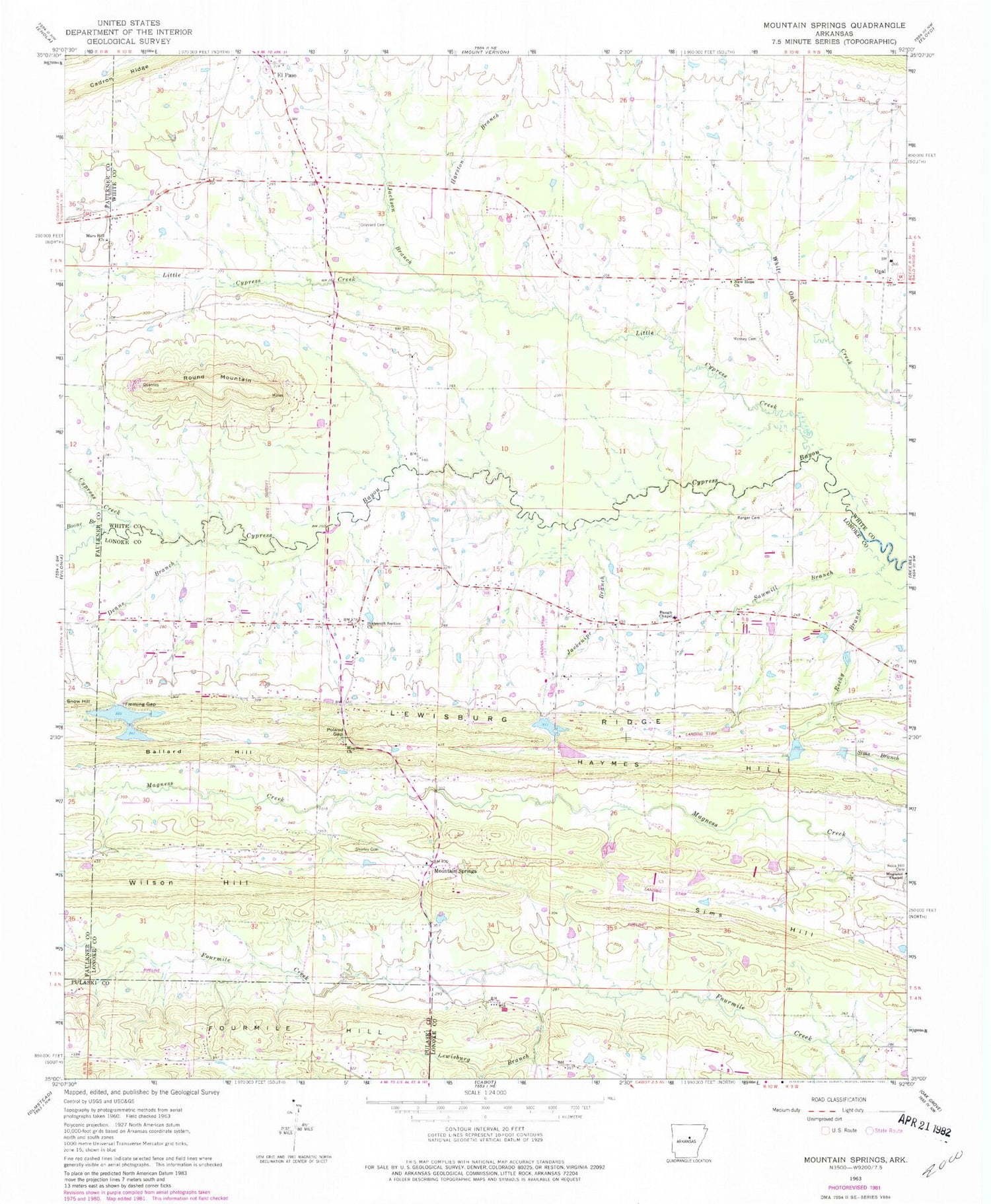 Classic USGS Mountain Springs Arkansas 7.5'x7.5' Topo Map Image