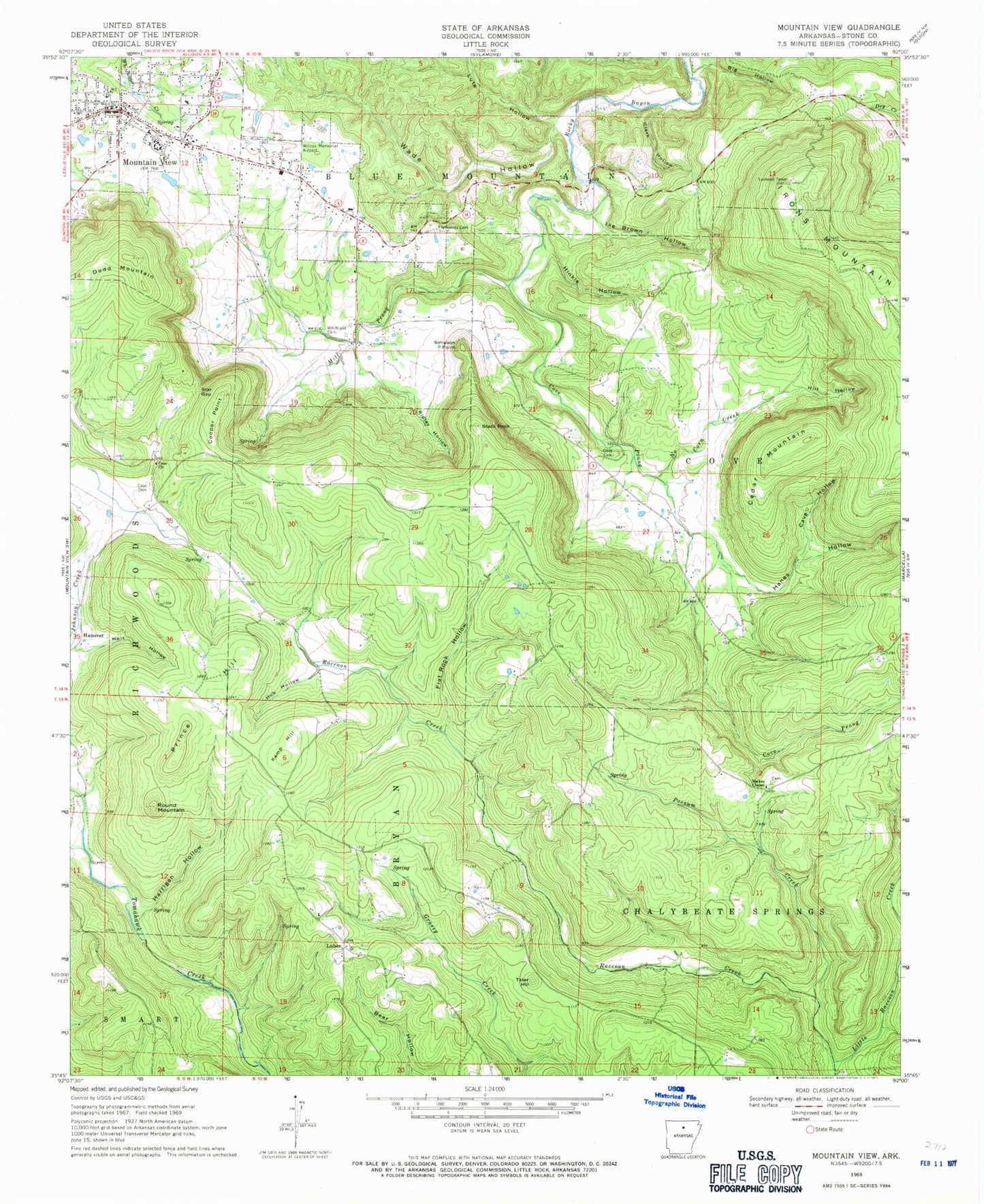 Classic USGS Mountain View Arkansas 7.5'x7.5' Topo Map Image