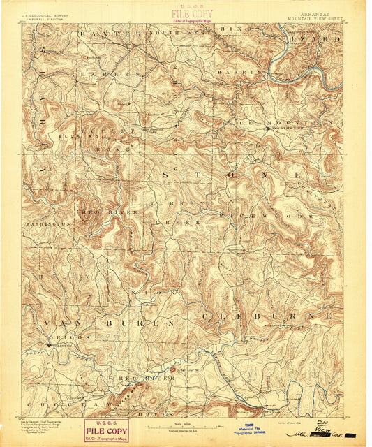 Historic 1892 Mountain View Arkansas 30'x30' Topo Map Image
