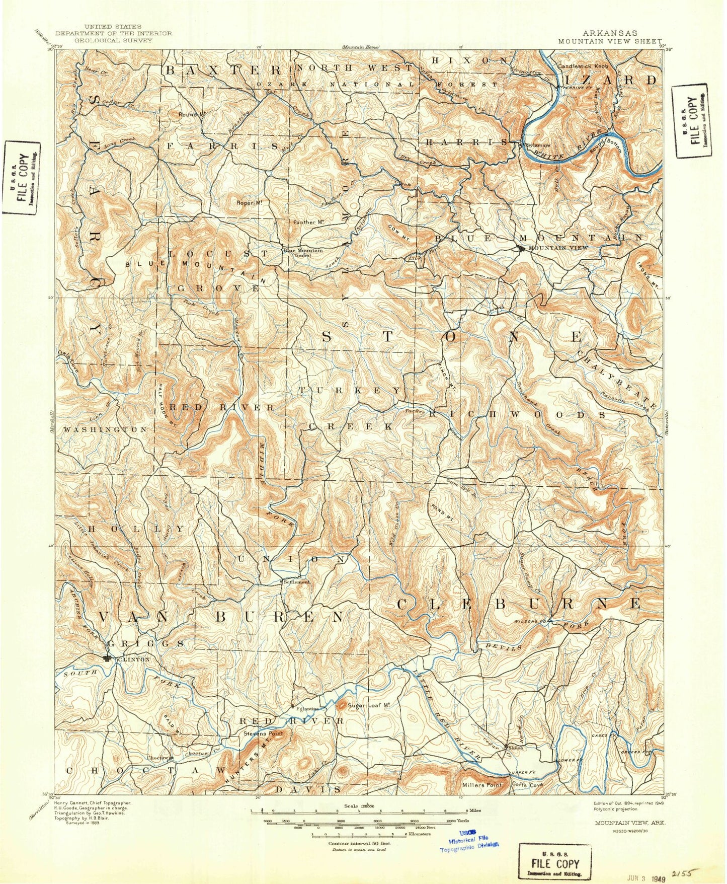 Historic 1894 Mountain View Arkansas 30'x30' Topo Map Image