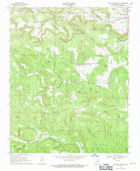 Classic USGS Mountain View SW Arkansas 7.5'x7.5' Topo Map Image