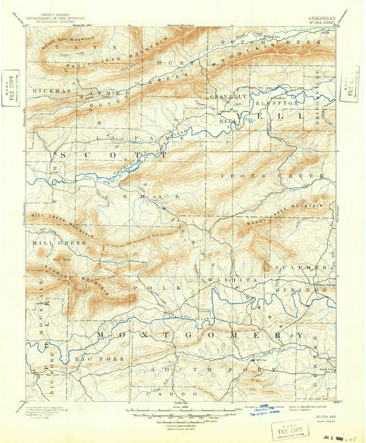Historic 1890 Mount Ida Arkansas 30'x30' Topo Map Image