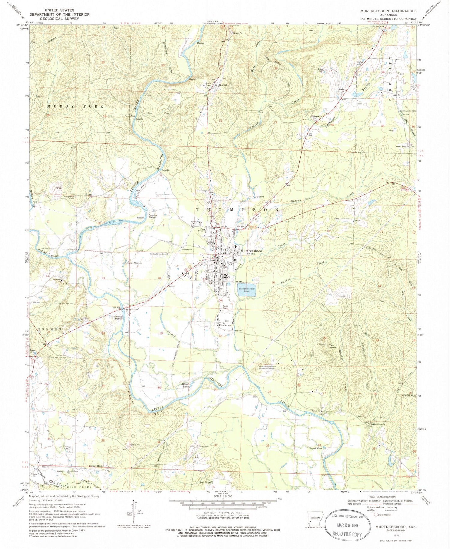 Classic USGS Murfreesboro Arkansas 7.5'x7.5' Topo Map Image