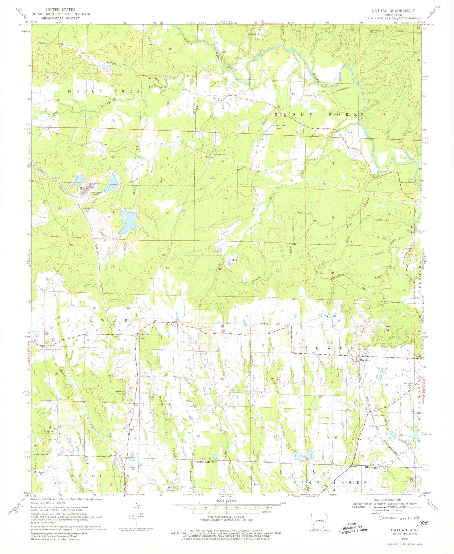 Classic USGS Nathan Arkansas 7.5'x7.5' Topo Map Image