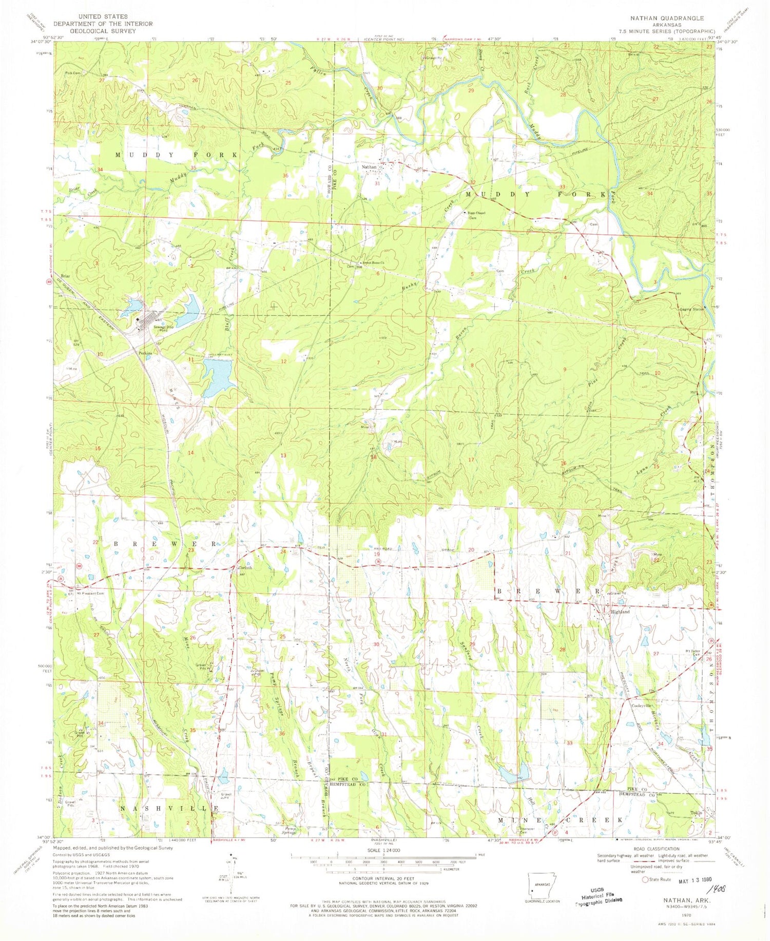 Classic USGS Nathan Arkansas 7.5'x7.5' Topo Map Image