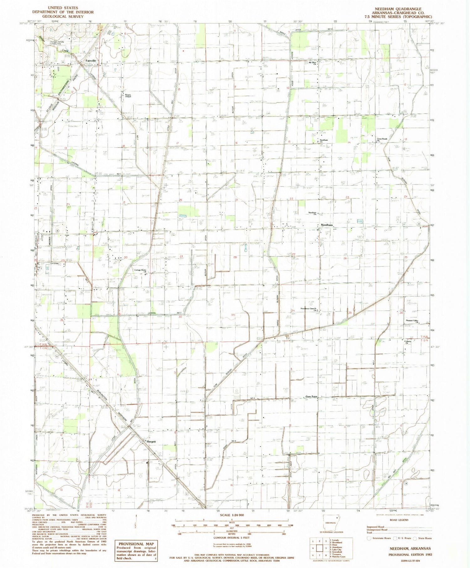 Classic USGS Needham Arkansas 7.5'x7.5' Topo Map Image