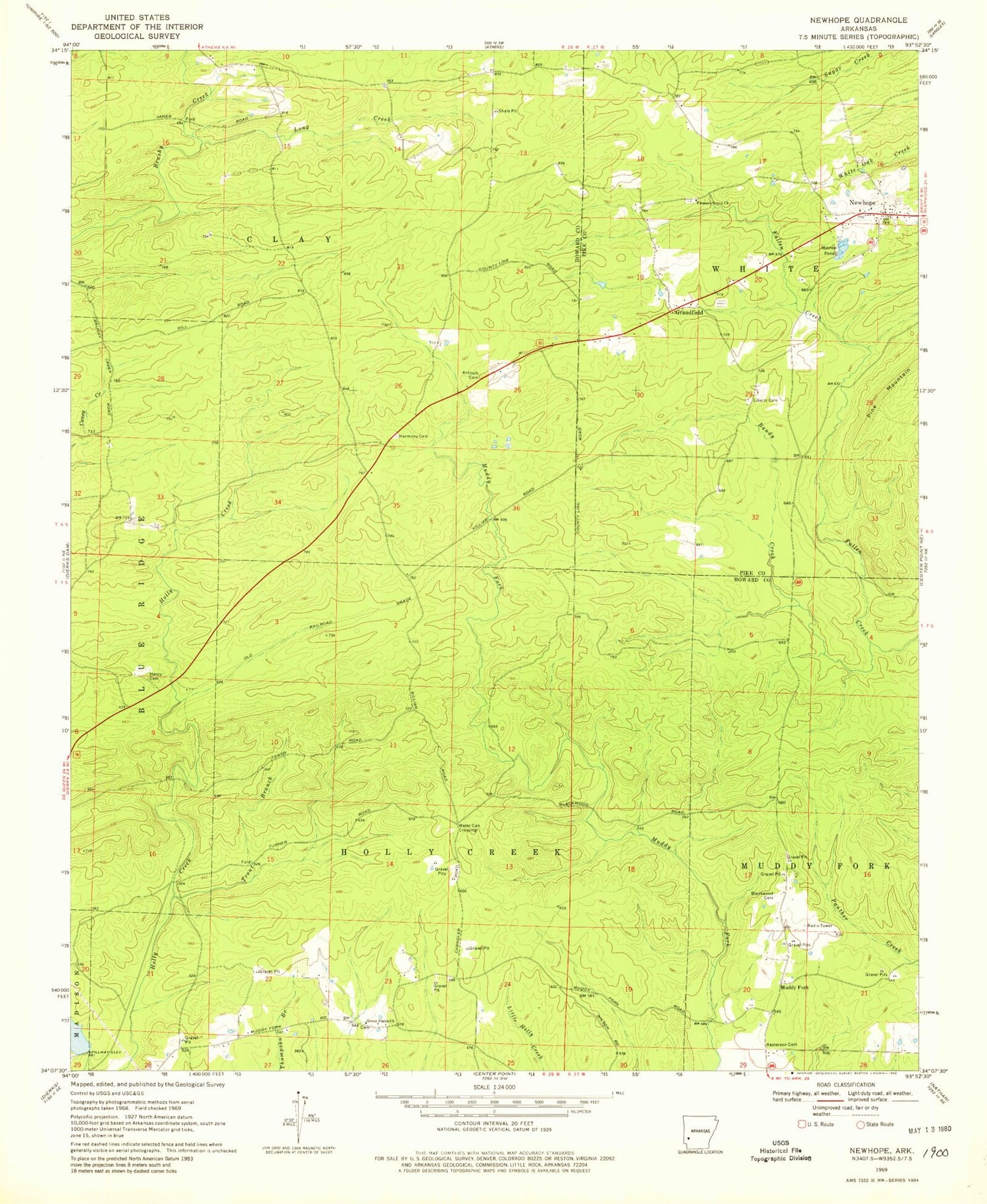 Classic USGS Newhope Arkansas 7.5'x7.5' Topo Map Image