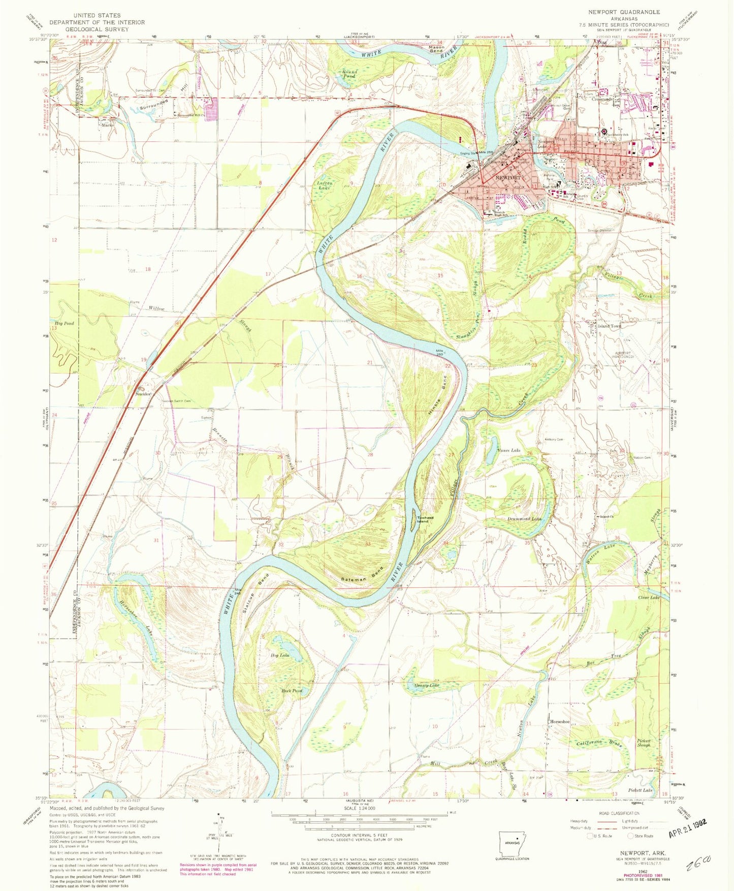 Classic USGS Newport Arkansas 7.5'x7.5' Topo Map Image