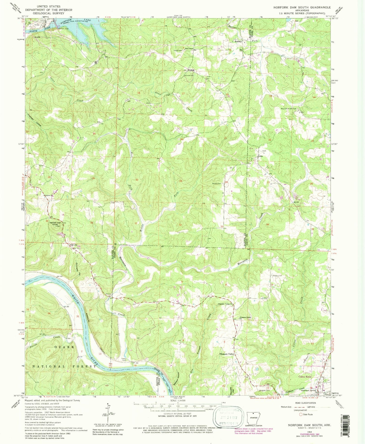 Classic USGS Norfork Dam South Arkansas 7.5'x7.5' Topo Map Image