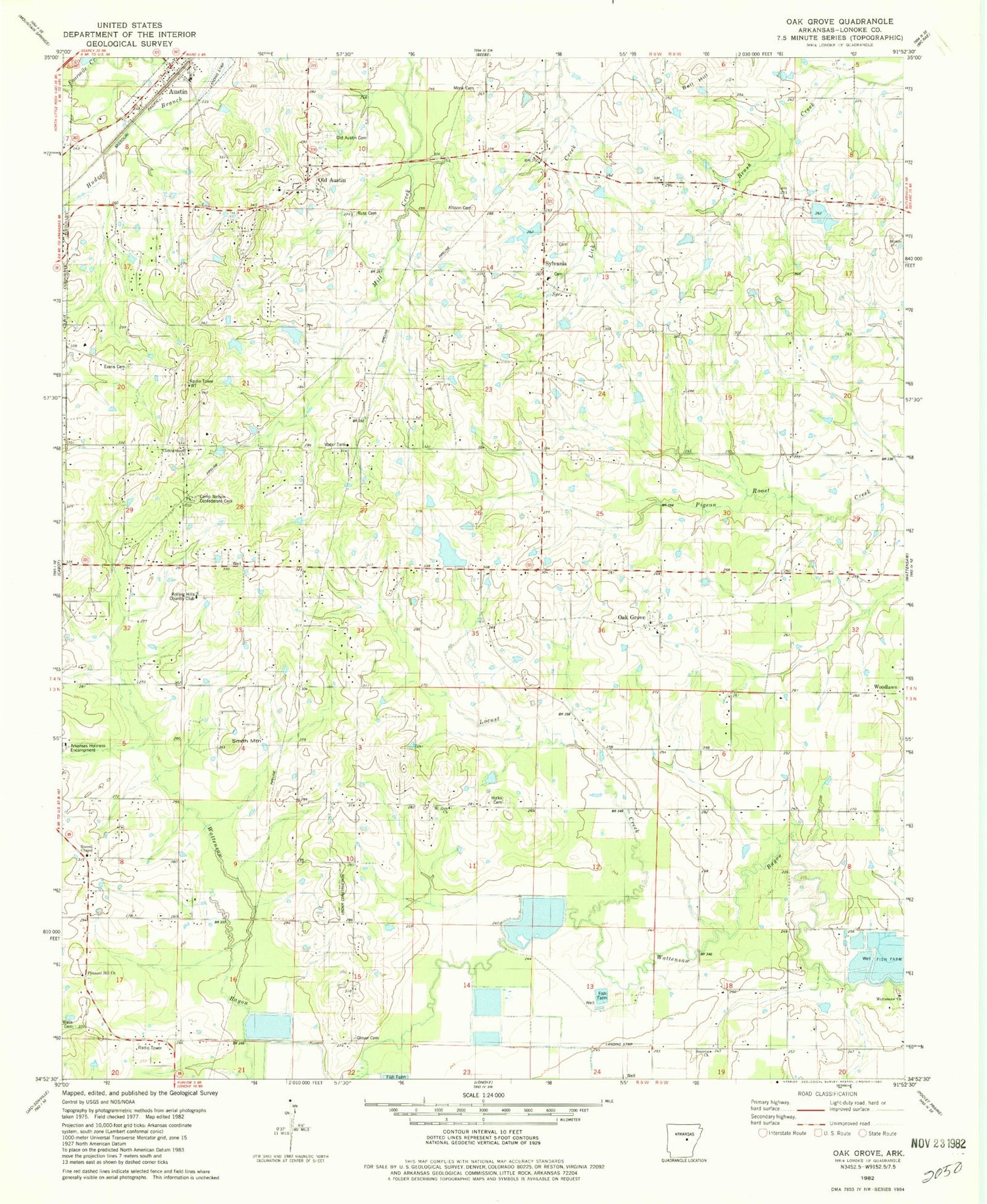 Classic USGS Oak Grove Arkansas 7.5'x7.5' Topo Map Image