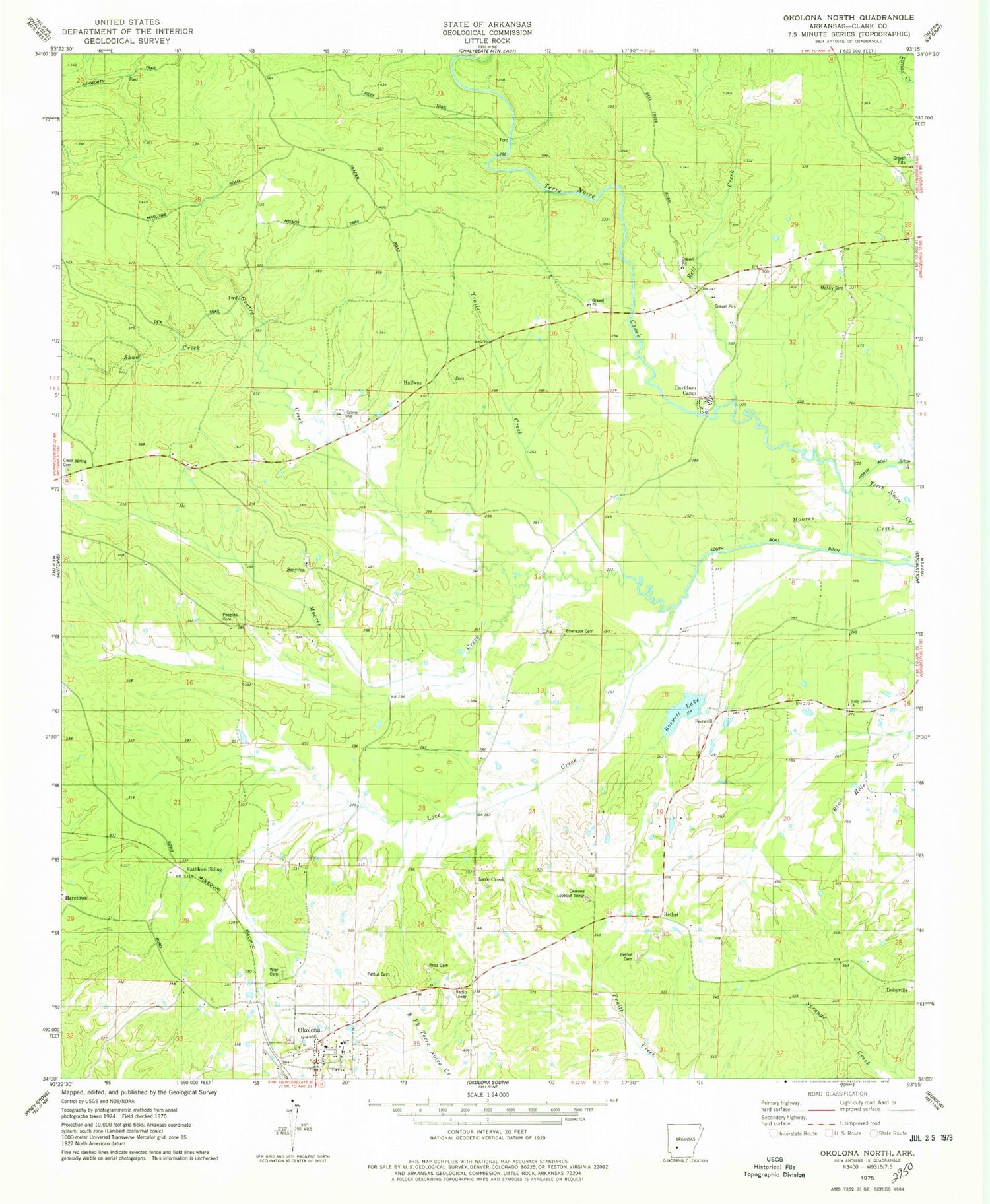Classic USGS Okolona North Arkansas 7.5'x7.5' Topo Map Image