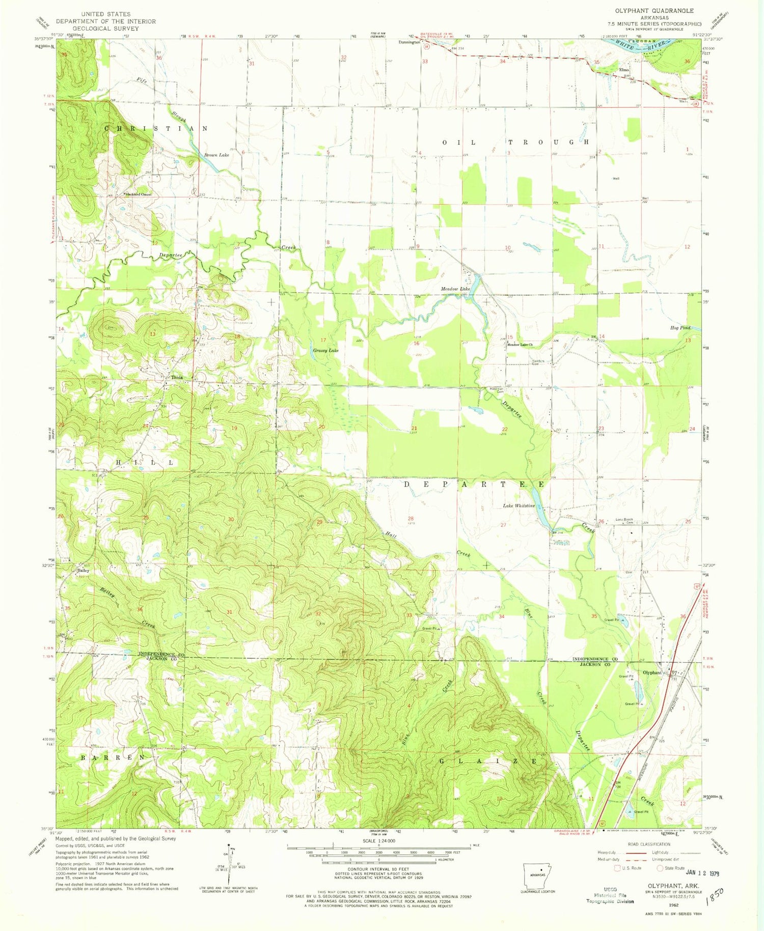 Classic USGS Olyphant Arkansas 7.5'x7.5' Topo Map Image