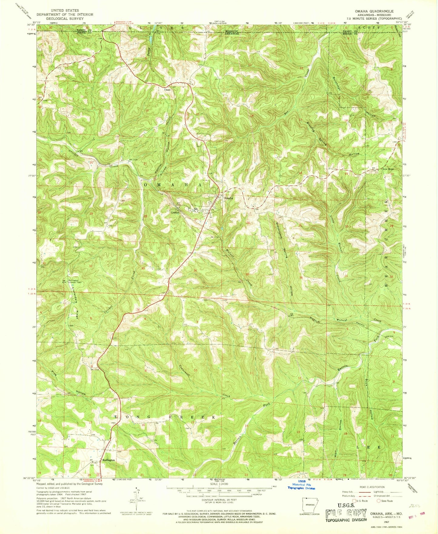 Classic USGS Omaha Arkansas 7.5'x7.5' Topo Map Image