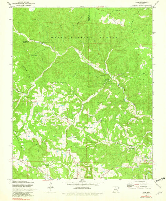 Classic USGS Onia Arkansas 7.5'x7.5' Topo Map Image
