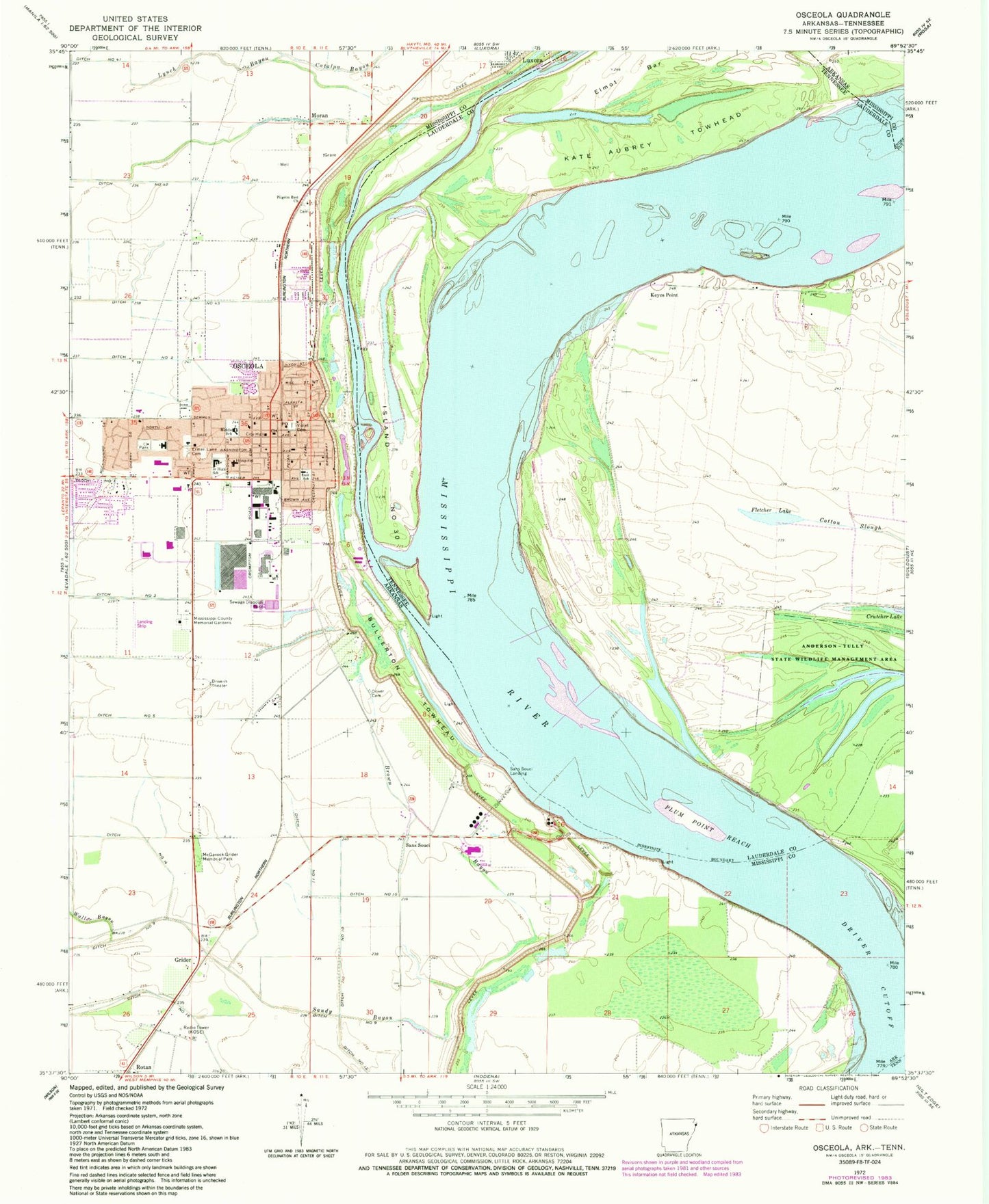 Classic USGS Osceola Arkansas 7.5'x7.5' Topo Map Image
