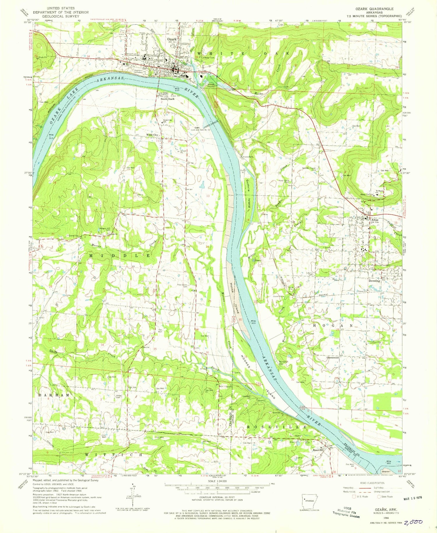 Classic USGS Ozark Arkansas 7.5'x7.5' Topo Map Image