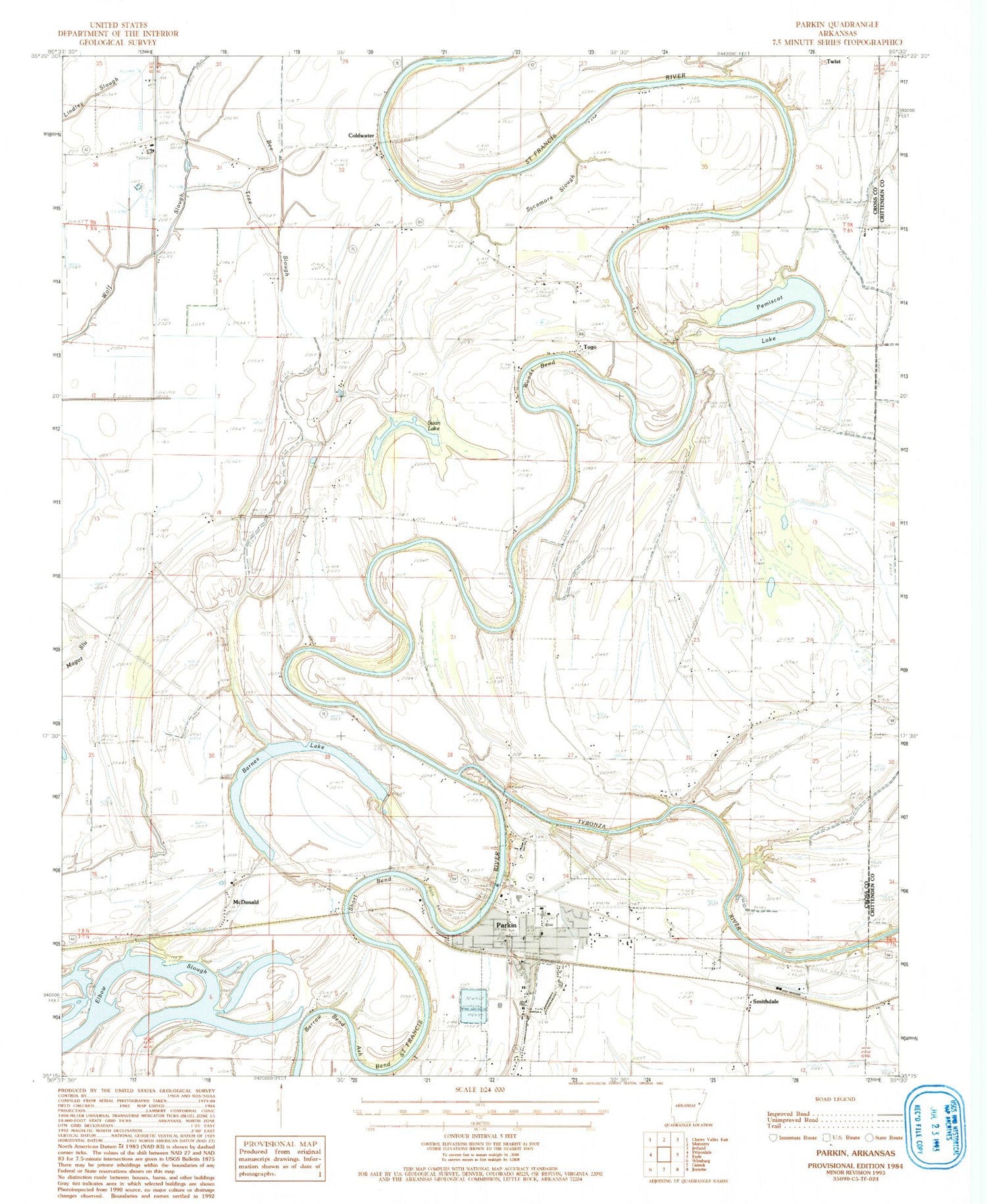 Classic USGS Parkin Arkansas 7.5'x7.5' Topo Map Image